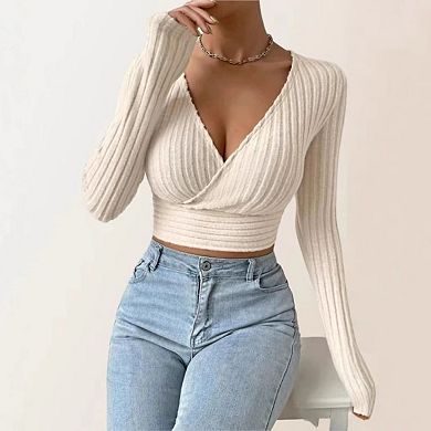 Women's Ribbed Wrap Crop Top Long Sleeve Deep V Neck Fitted Blouse Knit Top for Casual