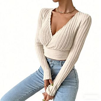 Women's Ribbed Wrap Crop Top Long Sleeve Deep V Neck Fitted Blouse Knit Top for Casual