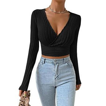 Women's Ribbed Wrap Crop Top Long Sleeve Deep V Neck Fitted Blouse Knit Top for Casual