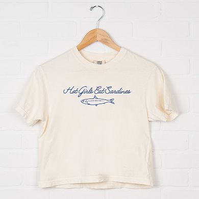 Hot Girls Eat Sardines Cursive - Women's Boxy Crop Top Graphic T-Shirt