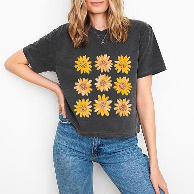 Sunflowers Stacked - Women's Boxy Crop Top Graphic T-Shirt