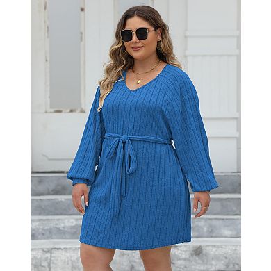 Women's Long Sleeve Plus Size V-Neck Ribbed Knit Casual Dress