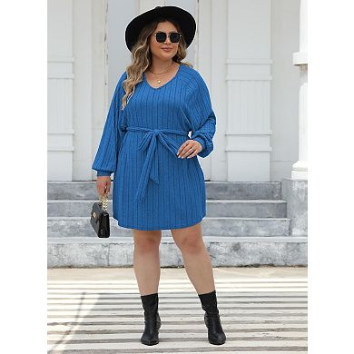 Women's Long Sleeve Plus Size V-Neck Ribbed Knit Casual Dress