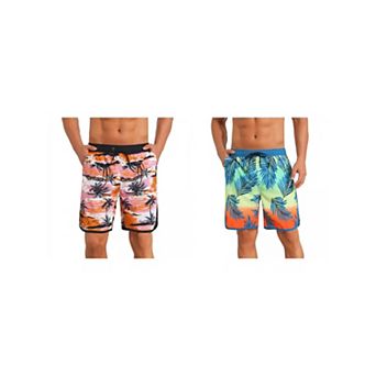 2 Packs Printed Swimming Shorts for Men's Elastic Liner Drawstring Beach Shorts with Pockets