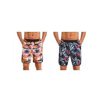 2 Packs Printed Swimming Shorts for Men's Elastic Liner Drawstring Beach Shorts with Pockets