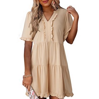 Womens Dresses Summer Spring V Neck Short Sleeve Casual A Line Flowy Swing Dress Mini Dress