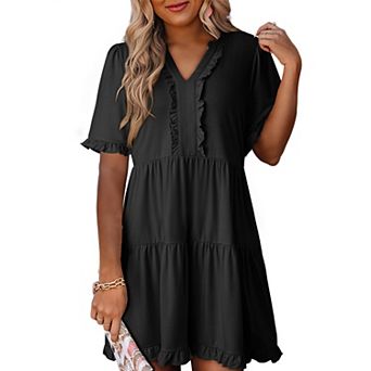 Womens Dresses Summer Spring V Neck Short Sleeve Casual A Line Flowy Swing Dress Mini Dress