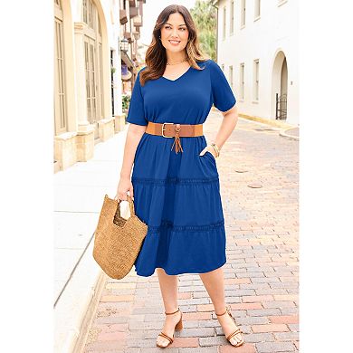 Catherines Women's Plus Size Gauze Crochet Tiered Dress