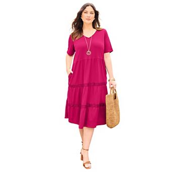 Catherines Women's Plus Size Gauze Crochet Tiered Dress