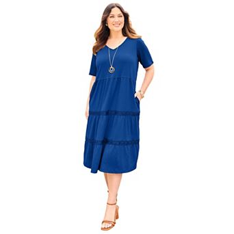 Catherines Women's Plus Size Gauze Crochet Tiered Dress