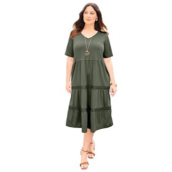 Catherines Women's Plus Size Gauze Crochet Tiered Dress