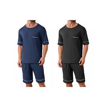 2 Sets Nightwear Pajama for Men's Summer Short Sleeves Crew Neck with Pockets Pajama Set