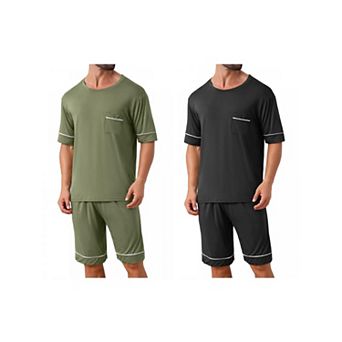 2 Sets Nightwear Pajama for Men's Summer Short Sleeves Crew Neck with Pockets Pajama Set