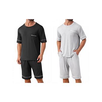 2 Sets Nightwear Pajama for Men's Summer Short Sleeves Crew Neck with Pockets Pajama Set
