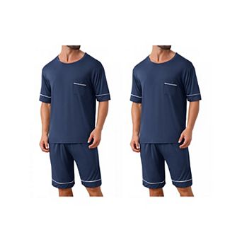 2 Sets Nightwear Pajama for Men's Summer Short Sleeves Crew Neck with Pockets Pajama Set