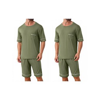 2 Sets Nightwear Pajama for Men's Summer Short Sleeves Crew Neck with Pockets Pajama Set
