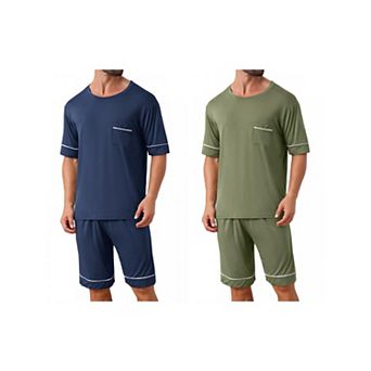 2 Sets Nightwear Pajama for Men's Summer Short Sleeves Crew Neck with Pockets Pajama Set
