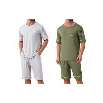 2 Sets Nightwear Pajama for Men's Summer Short Sleeves Crew Neck with Pockets Pajama Set