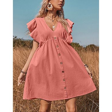 Women's Short Sleeve Babydoll Dress V-Neck Button Front