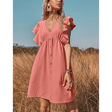 Women's Short Sleeve Babydoll Dress V-Neck Button Front