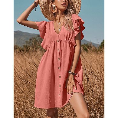 Women's Short Sleeve Babydoll Dress V-Neck Button Front