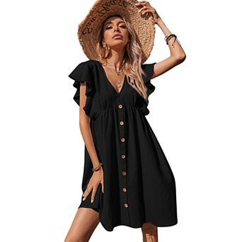 Women's Short Sleeve Babydoll Dress V-Neck Button Front