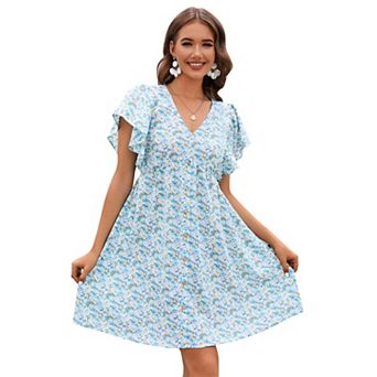 Women's Short Sleeve Babydoll Dress V-Neck Button Front
