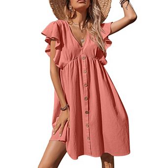 Women's Short Sleeve Babydoll Dress V-Neck Button Front