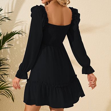 Women's Square Neck Ruffle Long Sleeve Mini Dress