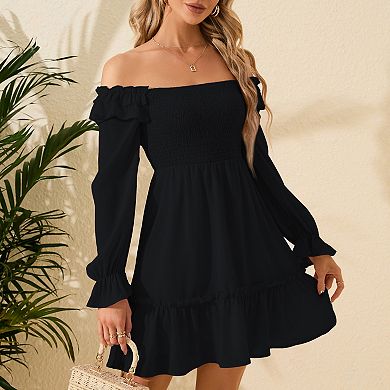 Women's Square Neck Ruffle Long Sleeve Mini Dress