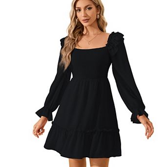 Women's Square Neck Ruffle Long Sleeve Mini Dress