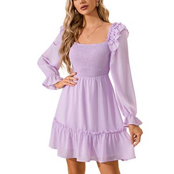 Women's Square Neck Ruffle Long Sleeve Mini Dress