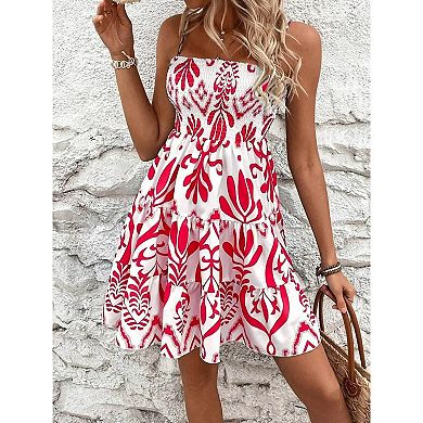 Women's Spaghetti Strap Tiered Mini Dress Boho Print Smocked Bodice Flowy Summer Dress