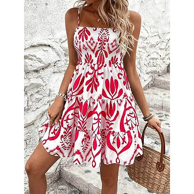 Women's Spaghetti Strap Tiered Mini Dress Boho Print Smocked Bodice Flowy Summer Dress