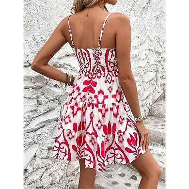 Women's Spaghetti Strap Tiered Mini Dress Boho Print Smocked Bodice Flowy Summer Dress