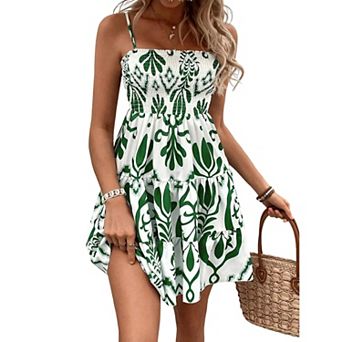 Women's Spaghetti Strap Tiered Mini Dress Boho Print Smocked Bodice Flowy Summer Dress