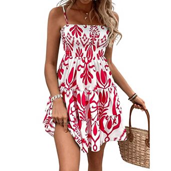 Women's Spaghetti Strap Tiered Mini Dress Boho Print Smocked Bodice Flowy Summer Dress