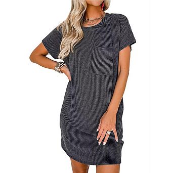 Women's Casual Shirt Dresses Ribbed Knit Short Sleeve Crewneck Short Dress with Pockets