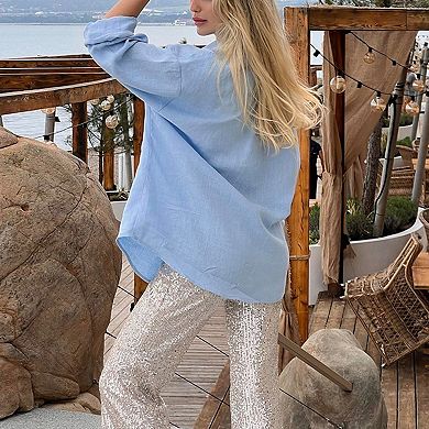 Women's Long Sleeve Casual Shirt- Loose Fit Lightweight Stand Collar Button Down Cardigan