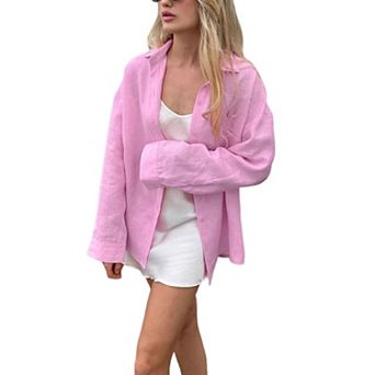 Women's Long Sleeve Casual Shirt- Loose Fit Lightweight Stand Collar Button Down Cardigan