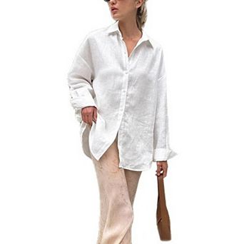 Women's Long Sleeve Casual Shirt- Loose Fit Lightweight Stand Collar Button Down Cardigan