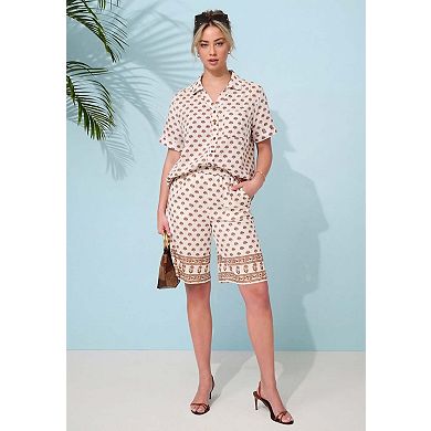 Roaman's Women's Plus Size Linen-Blend Short Sleeve Button-Front Shirt