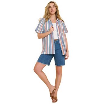 Roaman's Women's Plus Size Linen-Blend Short Sleeve Button-Front Shirt