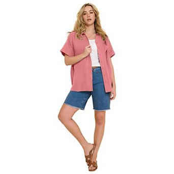 Roaman's Women's Plus Size Linen-Blend Short Sleeve Button-Front Shirt