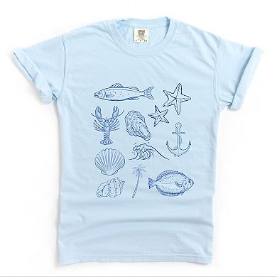 Outline Fish Collage Blue - Women's Garment Dyed Graphic T-Shirt