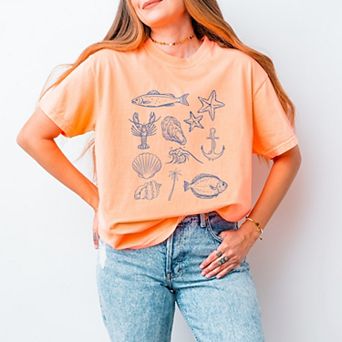 Outline Fish Collage Blue - Women's Garment Dyed Graphic T-Shirt