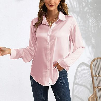 Women's Soft Satin Button Down Shirt Long Sleeve Blouse with Classic Collar