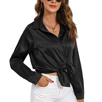 Women's Soft Satin Button Down Shirt Long Sleeve Blouse with Classic Collar