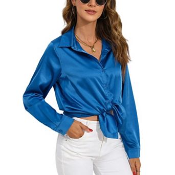 Women's Soft Satin Button Down Shirt Long Sleeve Blouse with Classic Collar