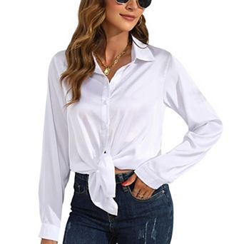 Women's Soft Satin Button Down Shirt Long Sleeve Blouse with Classic Collar